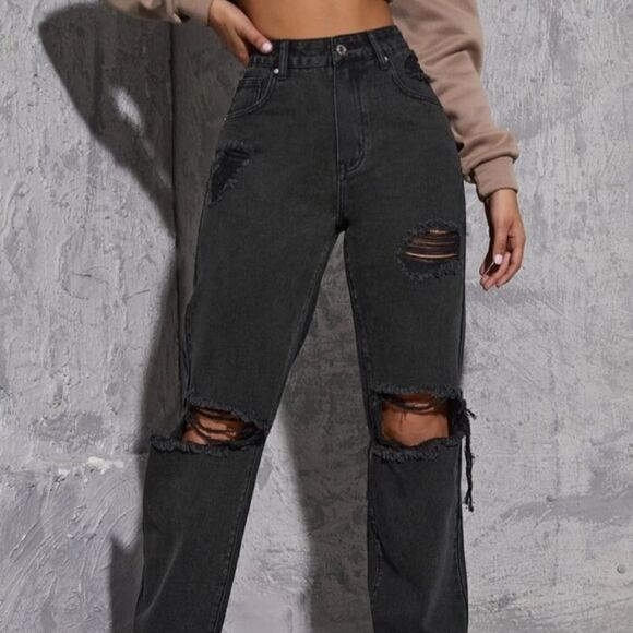 Shein Faded Black High Waist Distressed Wide Straight Leg Jeans Size Large - Picture 2 of 13